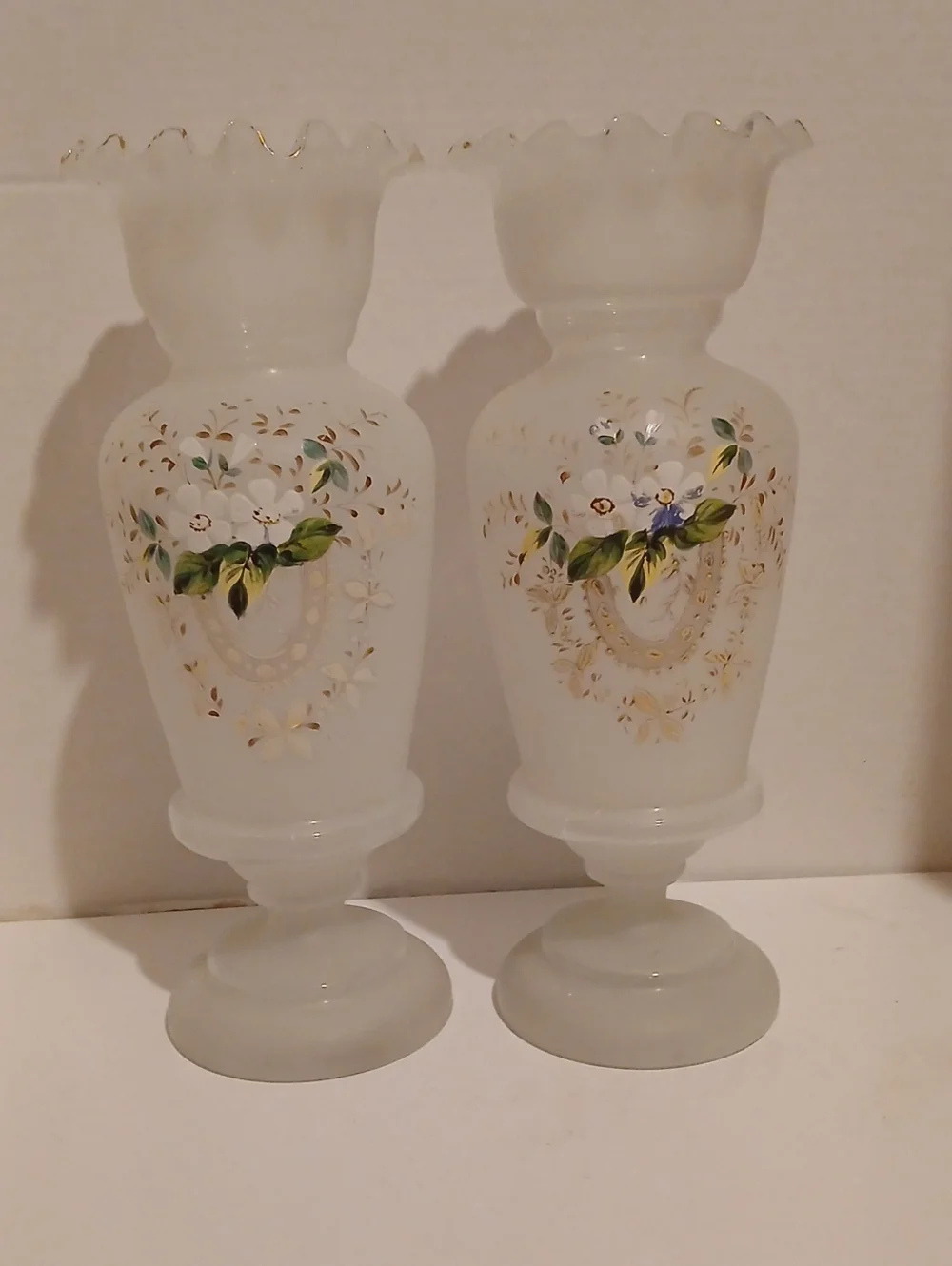 Antique Victorian Era Opaline Glass Vases with Hand-Painted Floral 1880-1890s